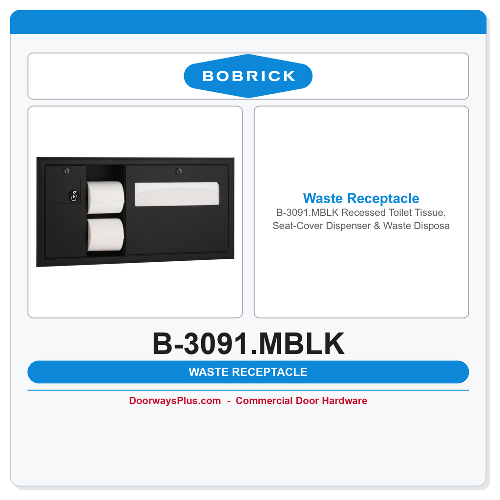 Bobrick B-3091.MBLK Recessed Toilet Tissue, Seat-Cover Dispenser & Waste Disposal – Left Side, Matte Black