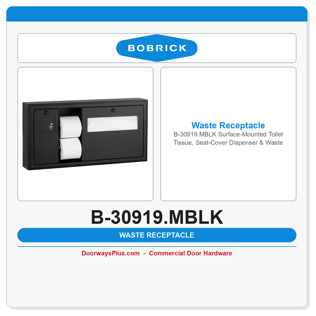 Bobrick B-30919.MBLK Surface-Mounted Toilet Tissue, Seat-Cover Dispenser & Waste Disposal, Left Side, Matte Black