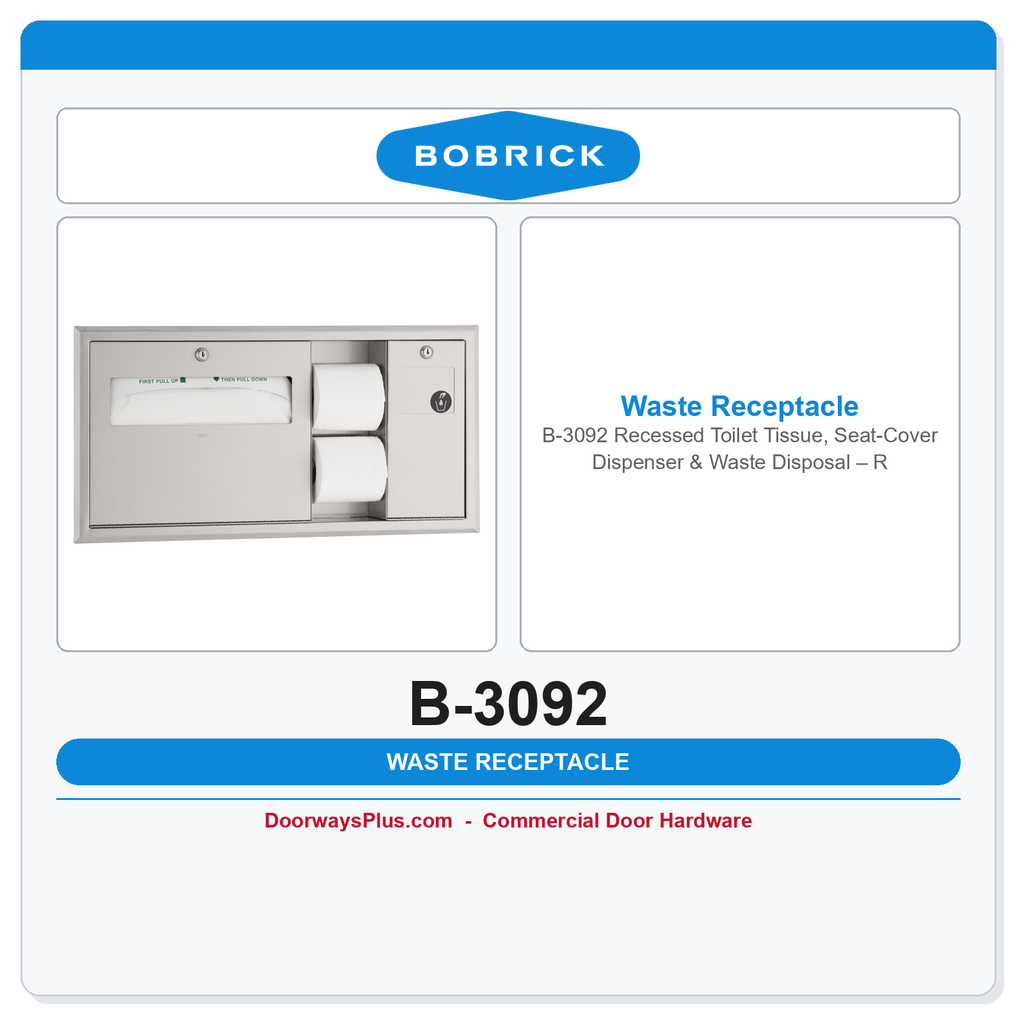 Bobrick B-3092 Recessed Toilet Tissue, Seat-Cover Dispenser & Waste Disposal – Right Side, ADA