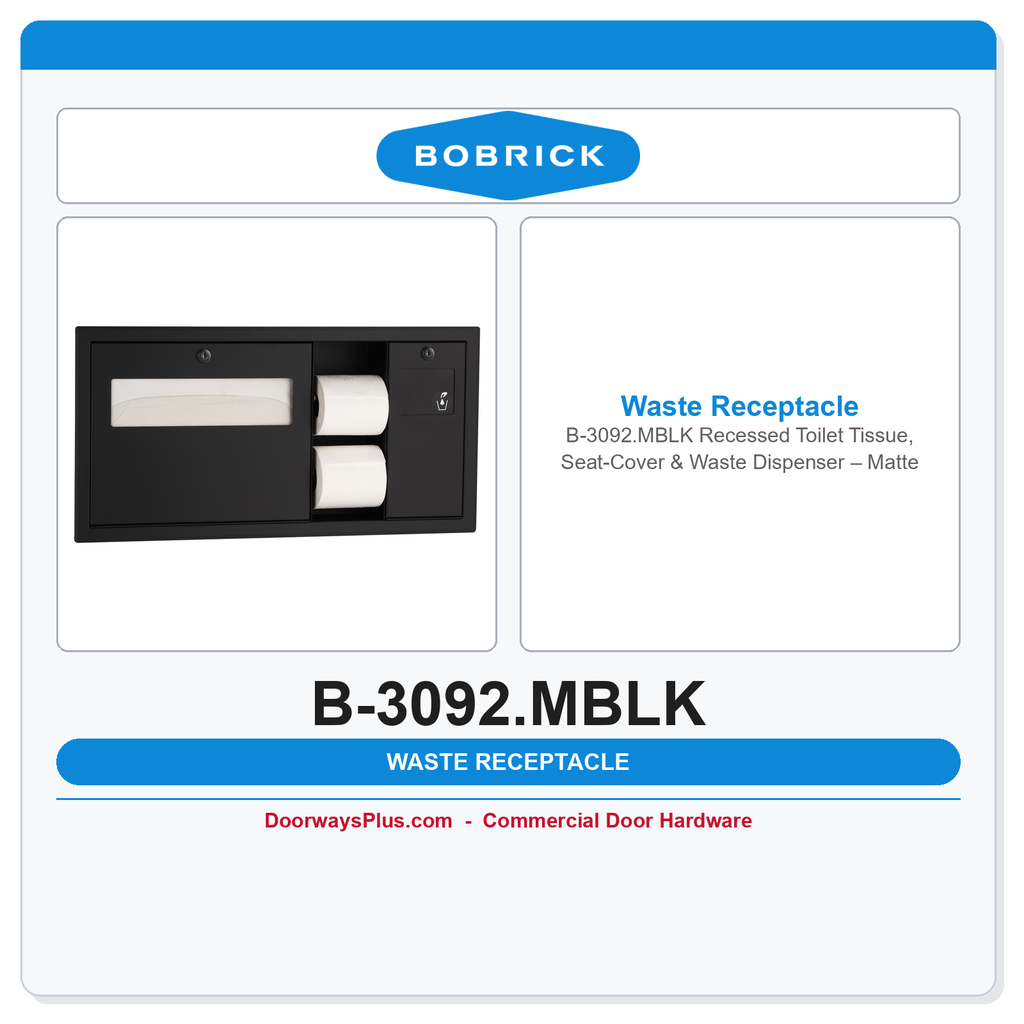 Bobrick B-3092.MBLK Recessed Toilet Tissue, Seat-Cover & Waste Dispenser – Matte Black, Right Side