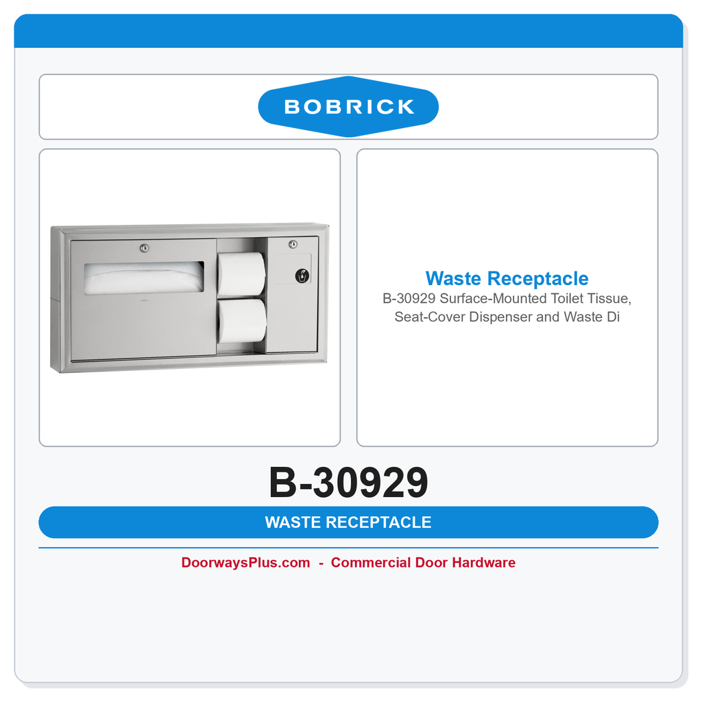 Bobrick B-30929 Surface-Mounted Toilet Tissue, Seat-Cover Dispenser and Waste Disposal, Right Side