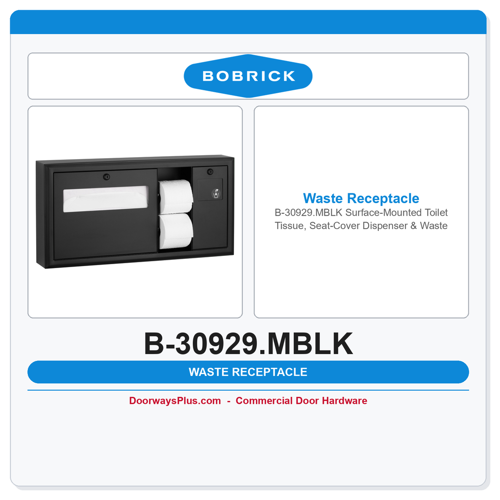 Bobrick B-30929.MBLK Surface-Mounted Toilet Tissue, Seat-Cover Dispenser & Waste Disposal – Matte Black