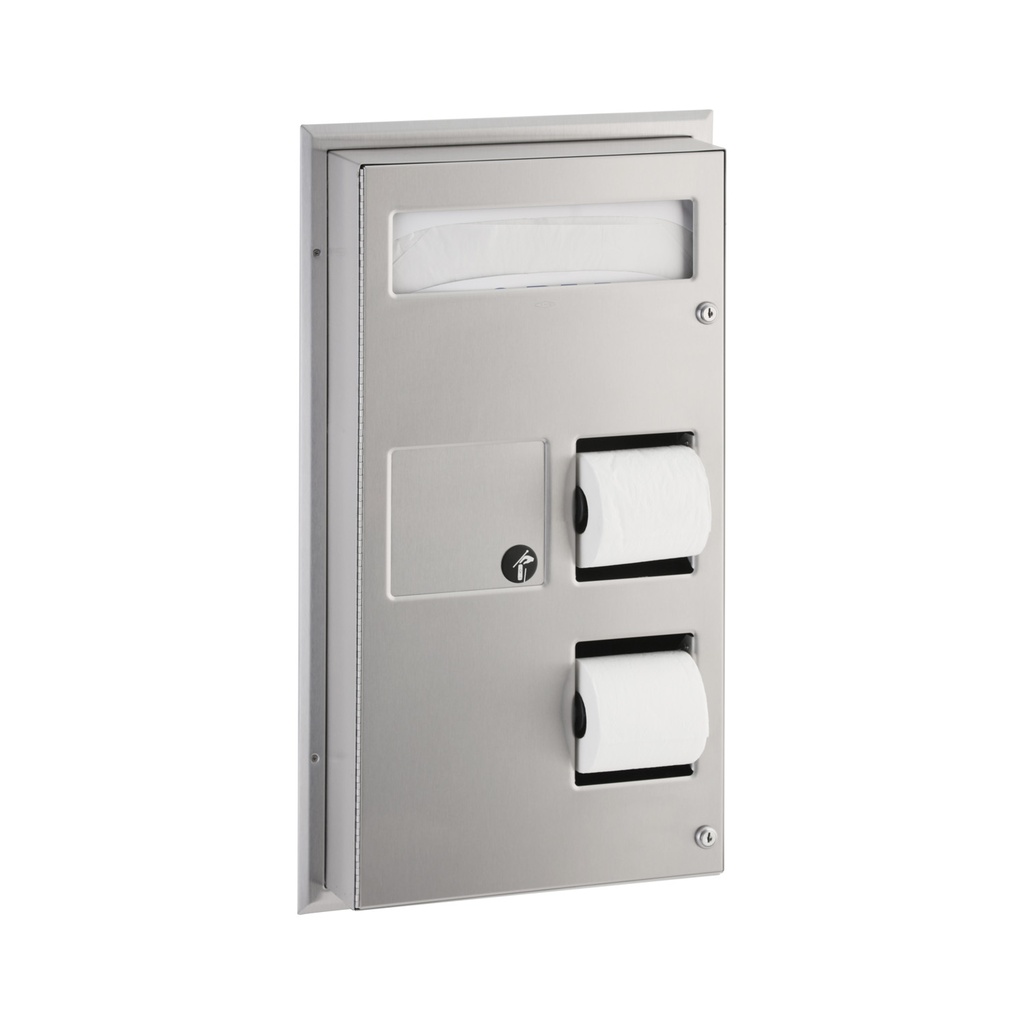 Bobrick B-357 Partition-Mounted Seat Cover Dispenser Napkin Disposal, 0.8-Gal. Dual-Roll Toilet Tissue Dispenser
