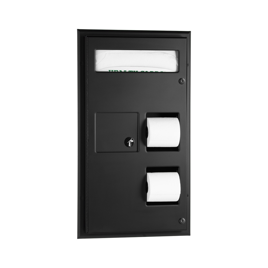 Bobrick B-357.MBLK Partition-Mounted Seat Cover Dispenser Napkin Disposal, 0.8-Gal. Dual-Roll Toilet Tissue Dispenser, Matte Black