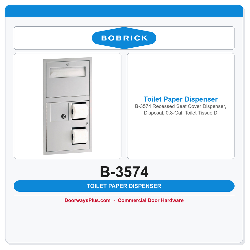Bobrick B-3574 Recessed Seat Cover Dispenser, Disposal, 0.8-Gal. Toilet Tissue Dispenser