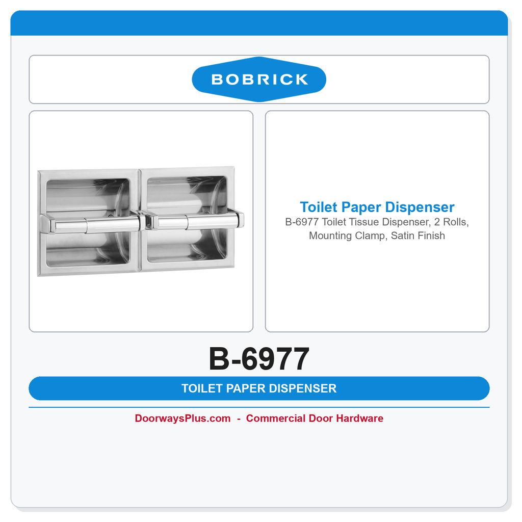 Bobrick B-6977 Toilet Tissue Dispenser, 2 Rolls, Mounting Clamp, Satin Finish