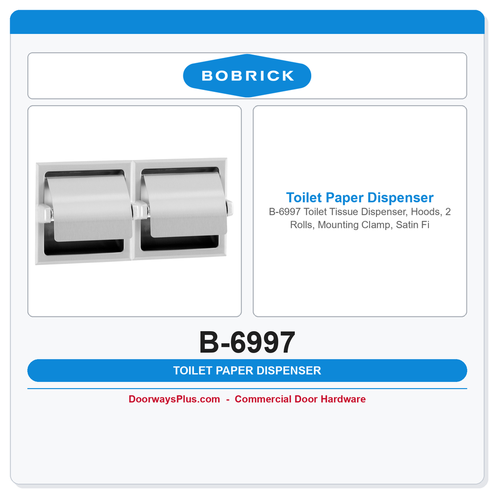 Bobrick B-6997 Toilet Tissue Dispenser, Hoods, 2 Rolls, Mounting Clamp, Satin Finish