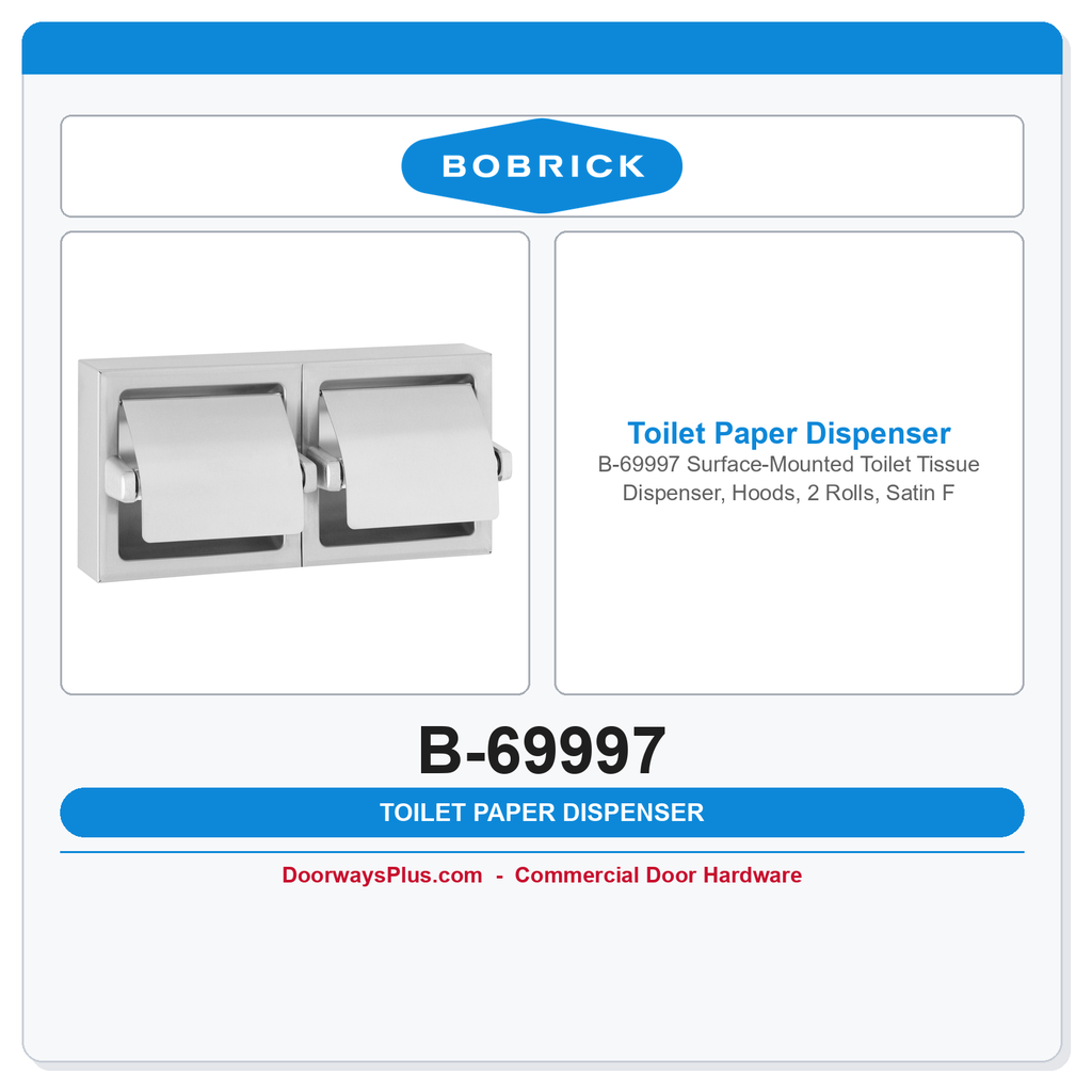 Bobrick B-69997 Surface-Mounted Toilet Tissue Dispenser, Hoods, 2 Rolls, Satin Finish