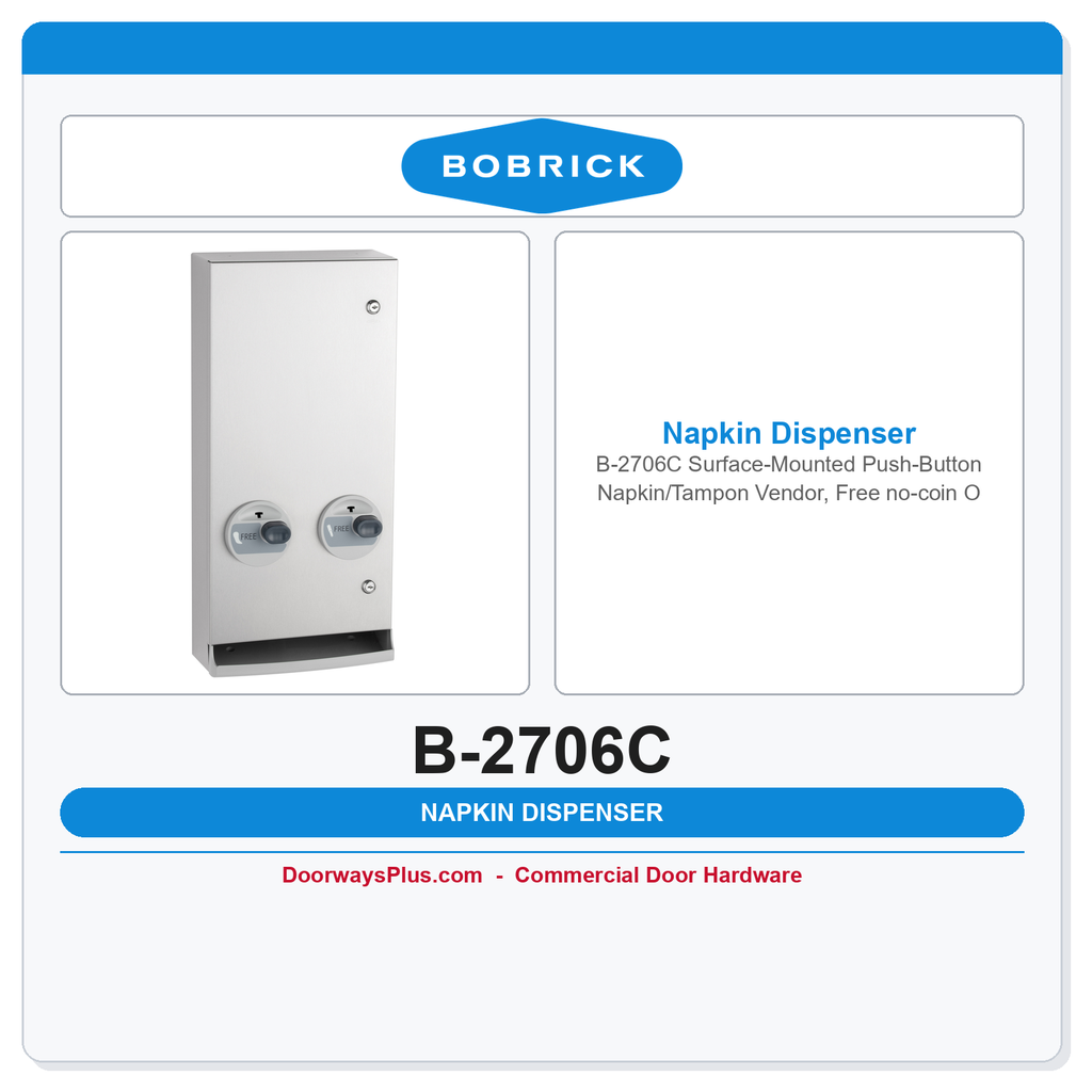 Bobrick B-2706C Surface-Mounted Push-Button Napkin/Tampon Vendor, Free no-coin Operation