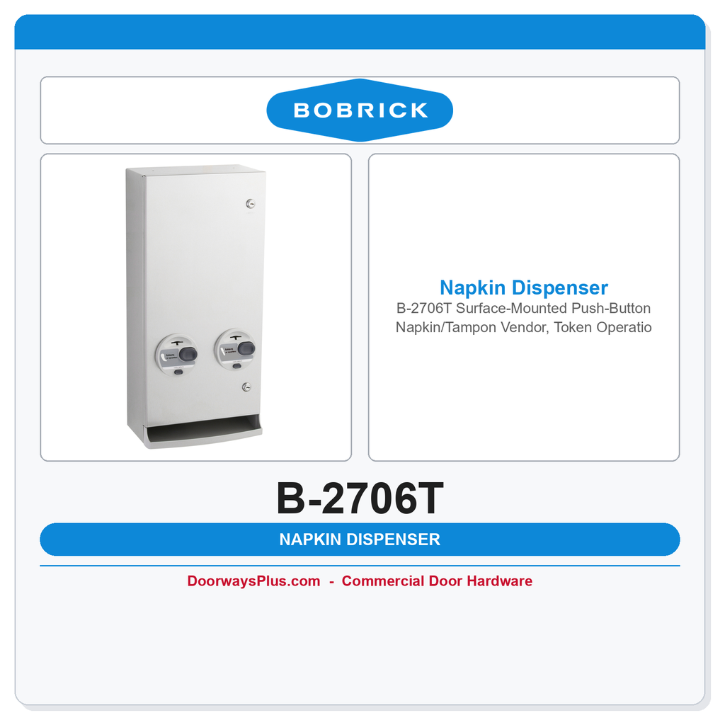 Bobrick B-2706T Surface-Mounted Push-Button Napkin/Tampon Vendor, Token Operation