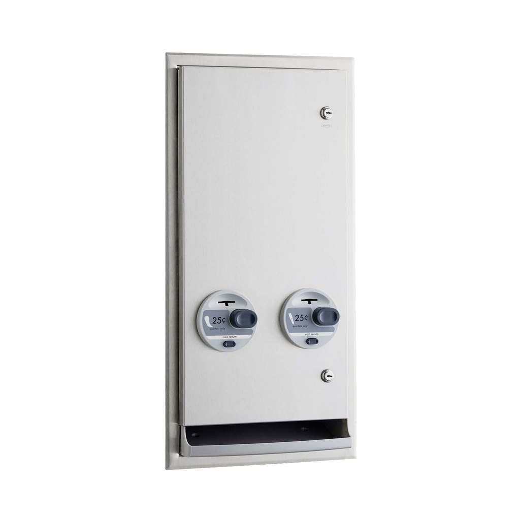 Bobrick B-3706 25 Recessed or Semi-Recessed Push-Button Napkin/Tampon Vendor, Single-Coin 25¢ Operation