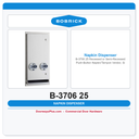 Bobrick B-3706 25 Recessed or Semi-Recessed Push-Button Napkin/Tampon Vendor, Single-Coin 25¢ Operation