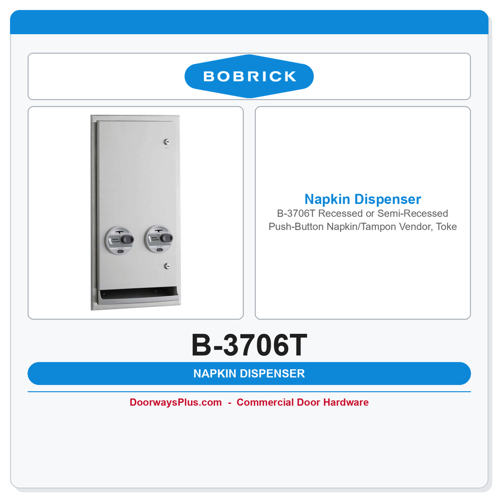 Bobrick B-3706T Recessed/Semi-Recessed Push-Button Napkin/Tampon Vendor, Token Operation
