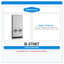 Bobrick B-3706T Recessed/Semi-Recessed Push-Button Napkin/Tampon Vendor, Token Operation