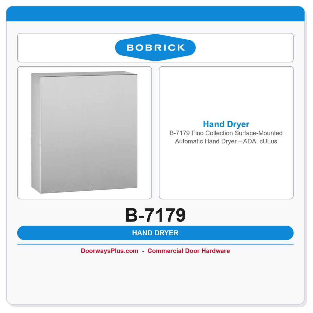 Bobrick B-7179 Fino Collection Surface-Mounted Automatic Hand Dryer – ADA, cULus, Satin Stainless