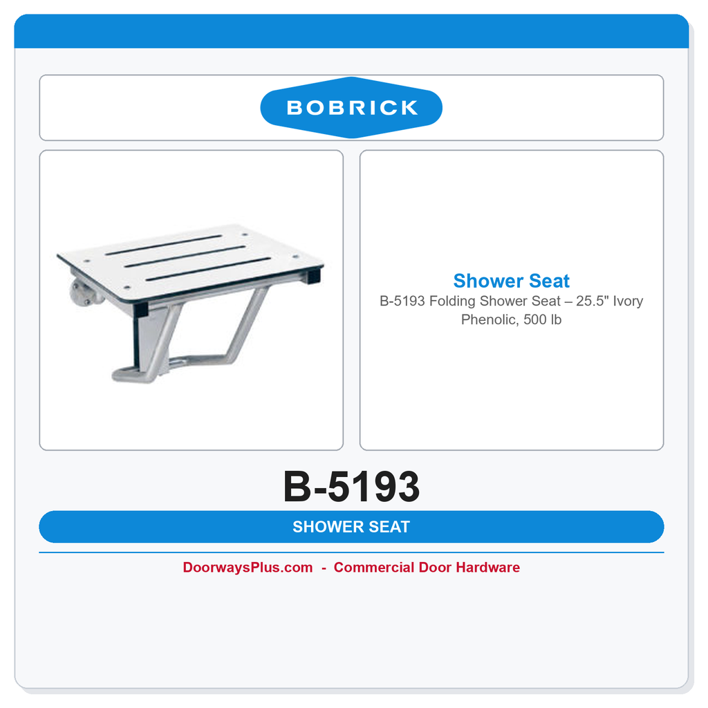 Bobrick B-5193 Folding Shower Seat – 25.5" Ivory Phenolic, 500 lb