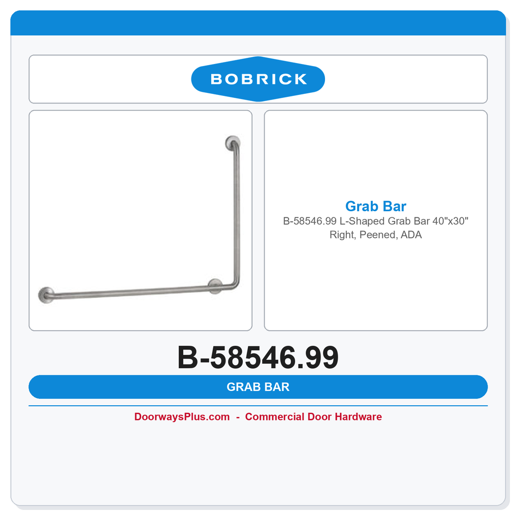 Bobrick B-58546.99 L-Shaped Grab Bar 40"x30" Right, Peened, ADA