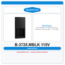 Bobrick B-3725.MBLK 115V ADA Hand Dryer, Recessed, Stainless Steel – 115V, Matte Black