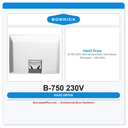 Bobrick B-750 230V AirCraft Automatic Hand Dryer, Recessed – 208-240V