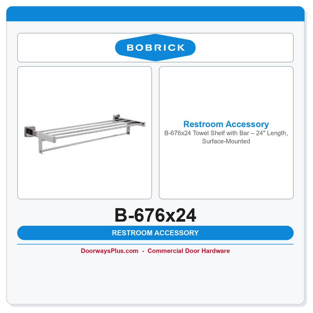 Bobrick B-676x24 Towel Shelf with Bar – 24" Length, Surface-Mounted