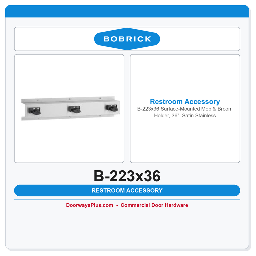 Bobrick B-223x36 Surface-Mounted Mop & Broom Holder, 36", Satin Stainless