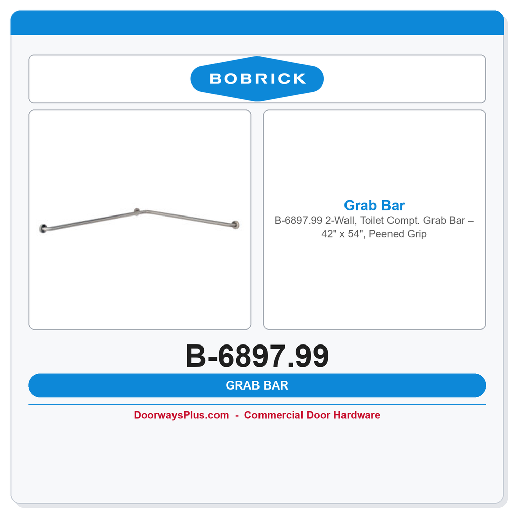 Bobrick B-6897.99 2-Wall, Toilet Compt. Grab Bar – 42" x 54", Peened Grip