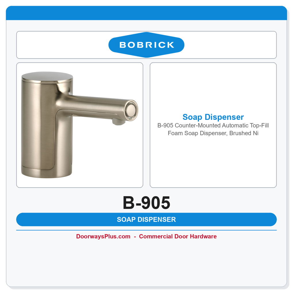 Bobrick B-905 Counter-Mounted Automatic Top-Fill Foam Soap Dispenser, Brushed Nickel