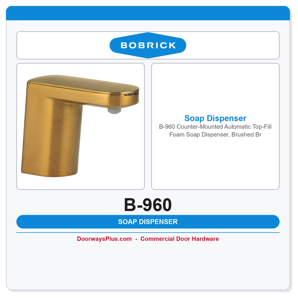 Bobrick B-960 Counter-Mounted Automatic Top-Fill Foam Soap Dispenser, Brushed Brass