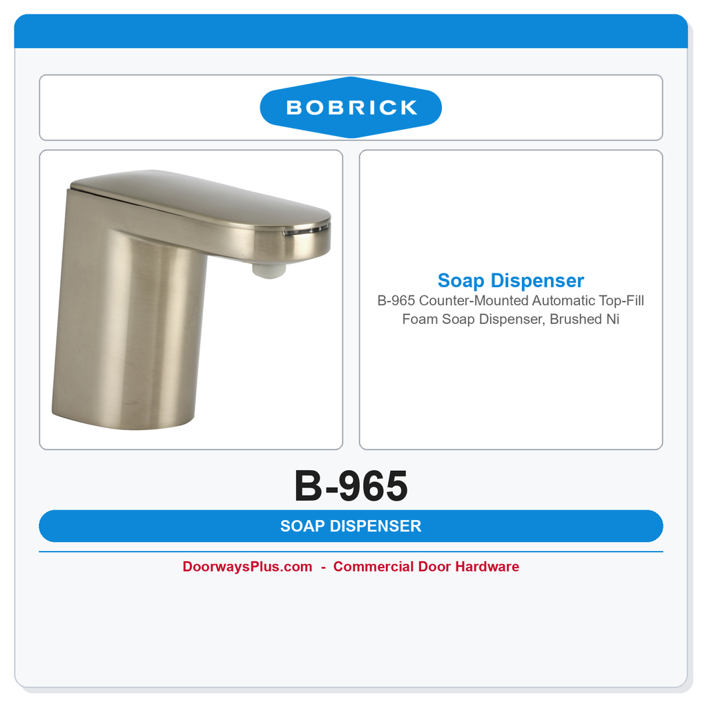 Bobrick B-965 Counter-Mounted Automatic Top-Fill Foam Soap Dispenser, Brushed Nickel