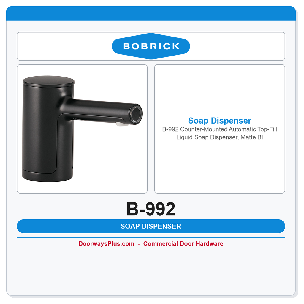 Bobrick B-992 Counter-Mounted Automatic Top-Fill Liquid Soap Dispenser, Matte Black