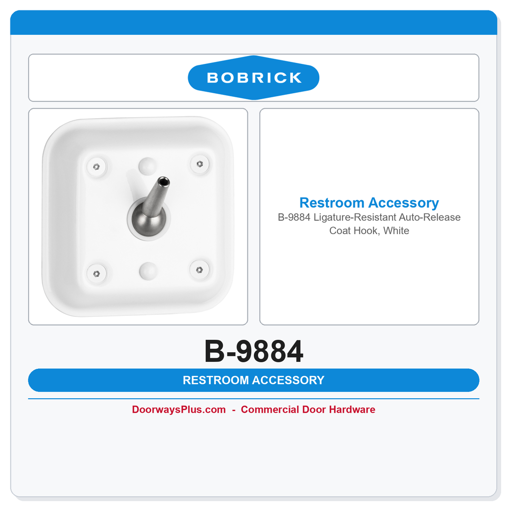 Bobrick B-9884 Ligature-Resistant Auto-Release Coat Hook, White