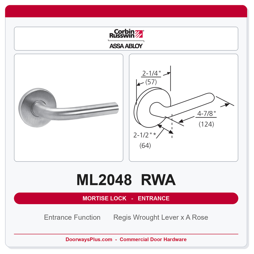 Corbin Russwin ML2048 RWA Entrance or Apartment Mortise Lockset | Grade 1 Commercial