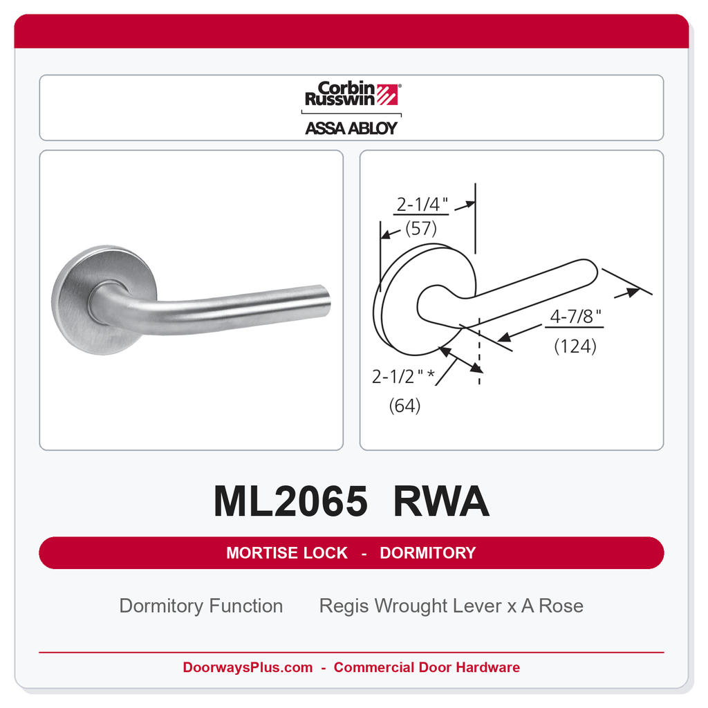 Corbin Russwin ML2065 RWA Dormitory or Entrance Mortise Lockset | Grade 1 Commercial