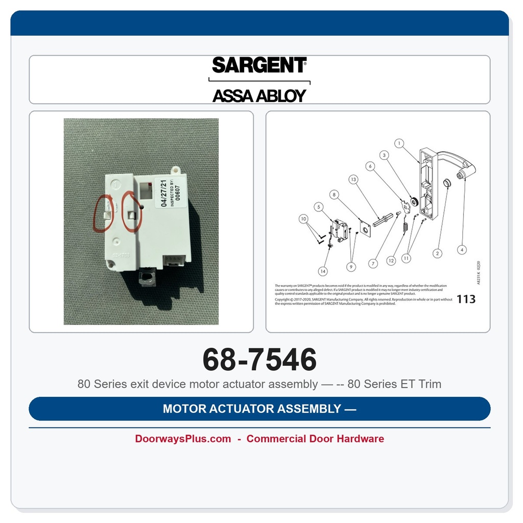 Sargent 68-7546 Motor Actuator Assembly — 80 Series ET Trim