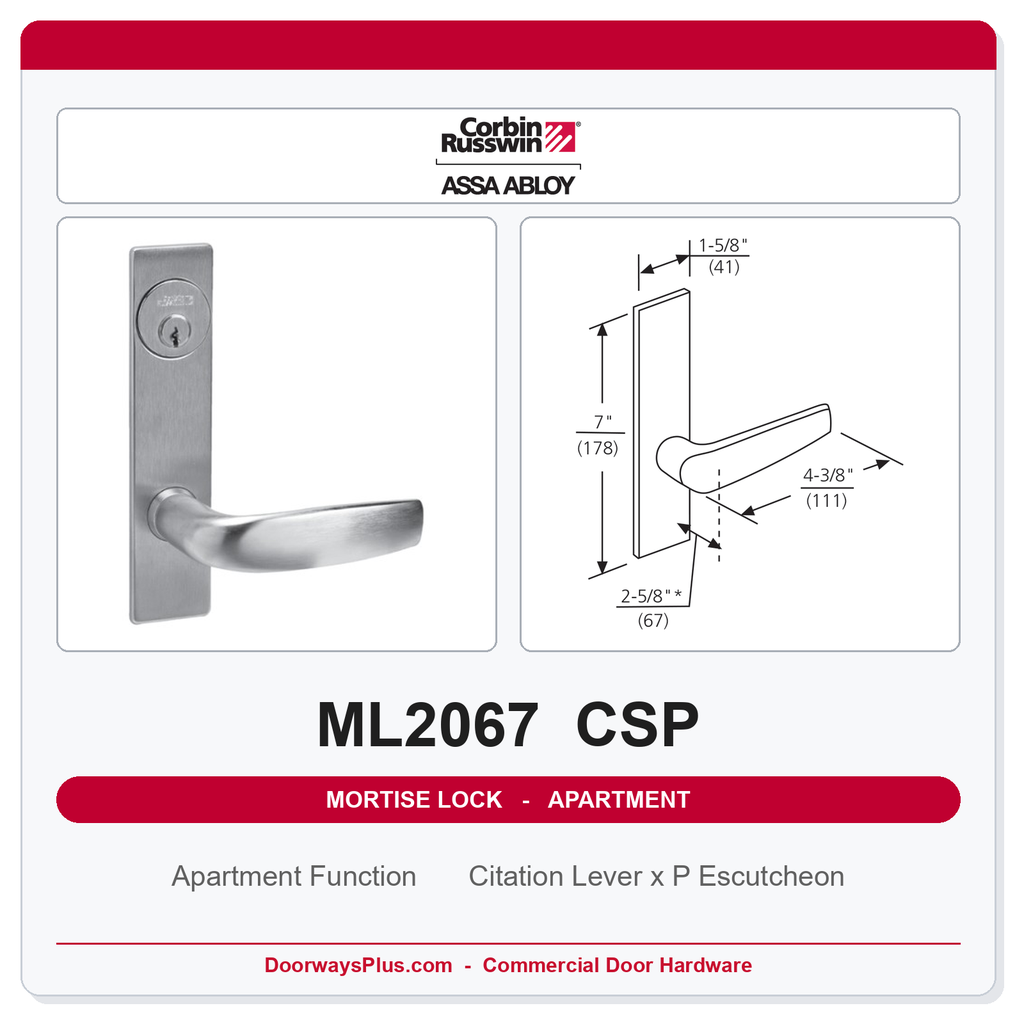 Corbin Russwin ML2067 CSP Apartment or Dormitory Mortise Lockset | Grade 1 Commercial