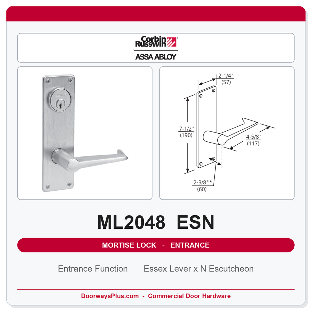 Corbin Russwin ML2048 ESN Entrance or Apartment Mortise Lockset | Grade 1 Commercial