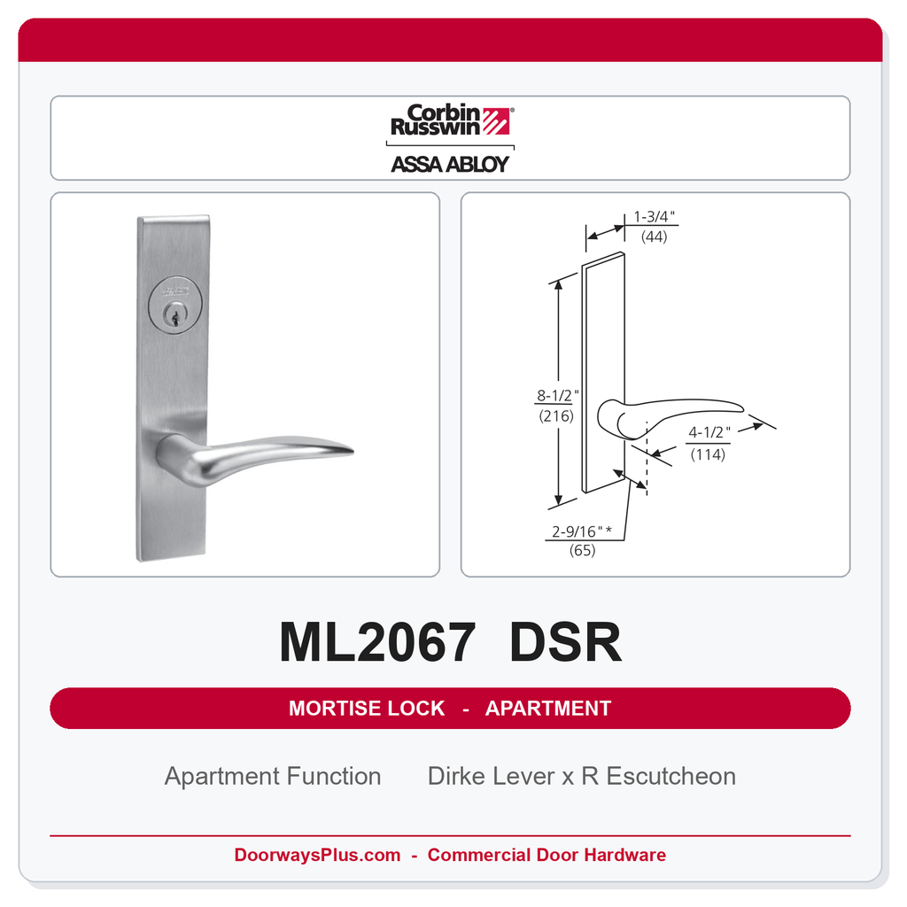 Corbin Russwin ML2067 DSR Apartment or Dormitory Mortise Lockset | Grade 1 Commercial