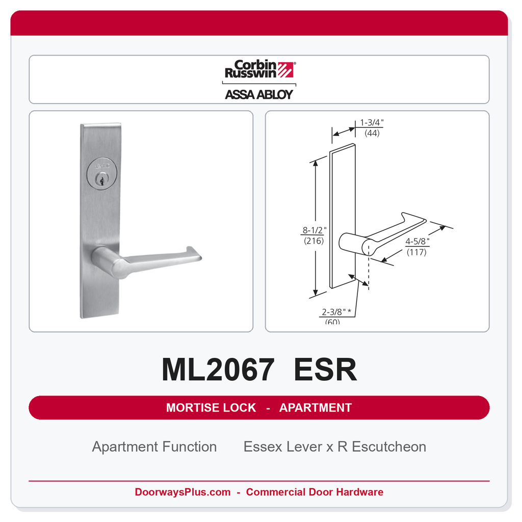 Corbin Russwin ML2067 ESR Apartment or Dormitory Mortise Lockset | Grade 1 Commercial
