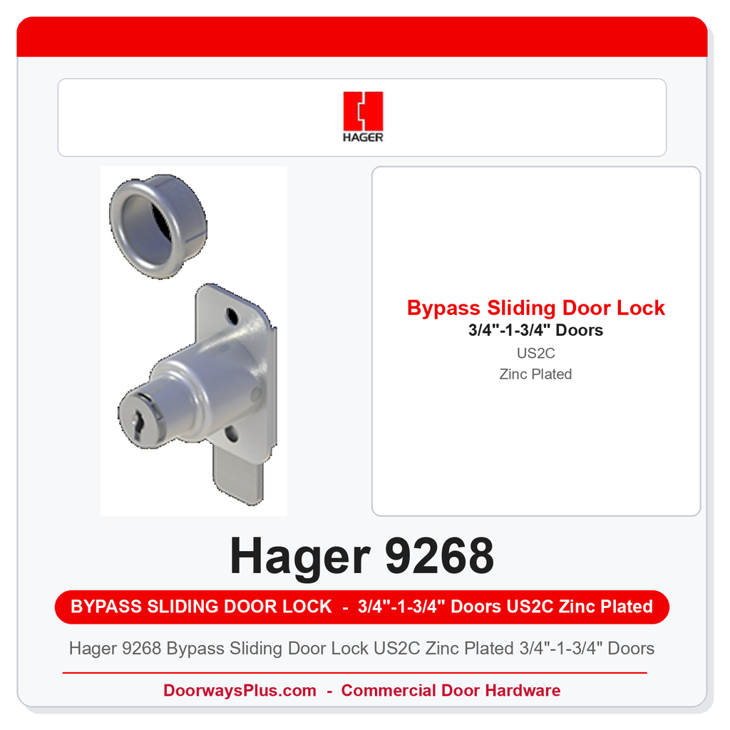 Hager 9268 Bypass Sliding Door Lock US2C Zinc Plated 3/4"-1-3/4" Doors