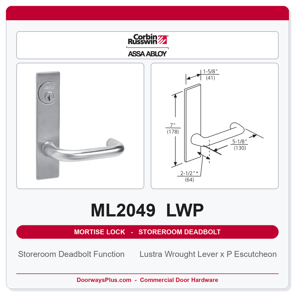 Corbin Russwin ML2049 LWP Storeroom Deadbolt Mortise Lockset | Grade 1 Commercial