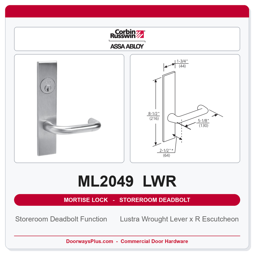 Corbin Russwin ML2049 LWR Storeroom Deadbolt Mortise Lockset | Grade 1 Commercial