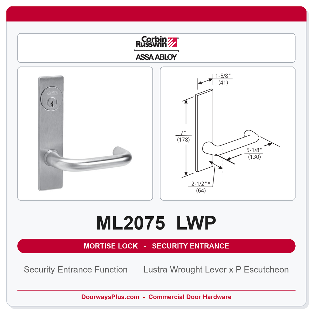 Corbin Russwin ML2075 LWP Security Entrance or Office Mortise Lockset | Grade 1 Commercial