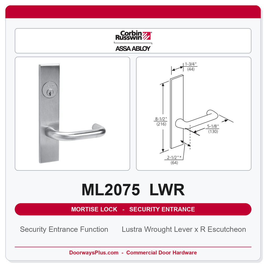 Corbin Russwin ML2075 LWR Security Entrance or Office Mortise Lockset | Grade 1 Commercial