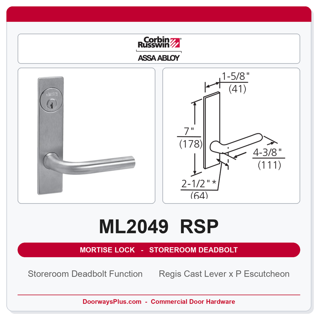 Corbin Russwin ML2049 RSP Storeroom Deadbolt Mortise Lockset | Grade 1 Commercial