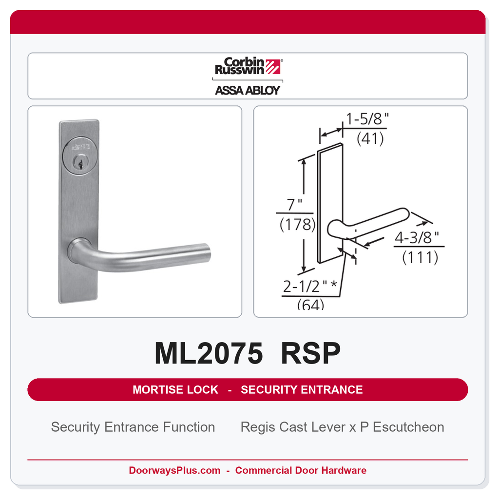 Corbin Russwin ML2075 RSP Security Entrance or Office Mortise Lockset | Grade 1 Commercial