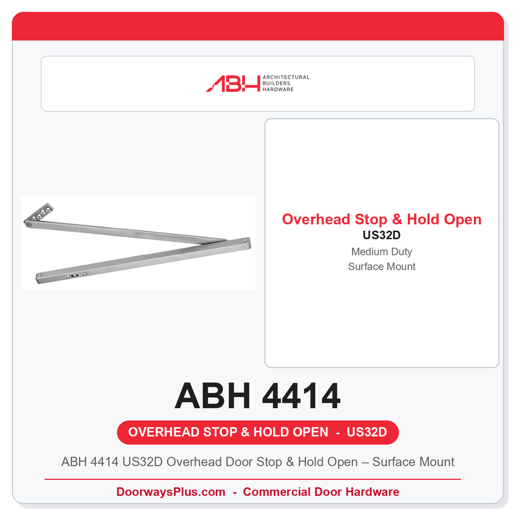 ABH 4414 US32D Overhead Door Stop & Hold Open – Surface Mount | Medium Duty Satin Stainless | 36"–48" Openings