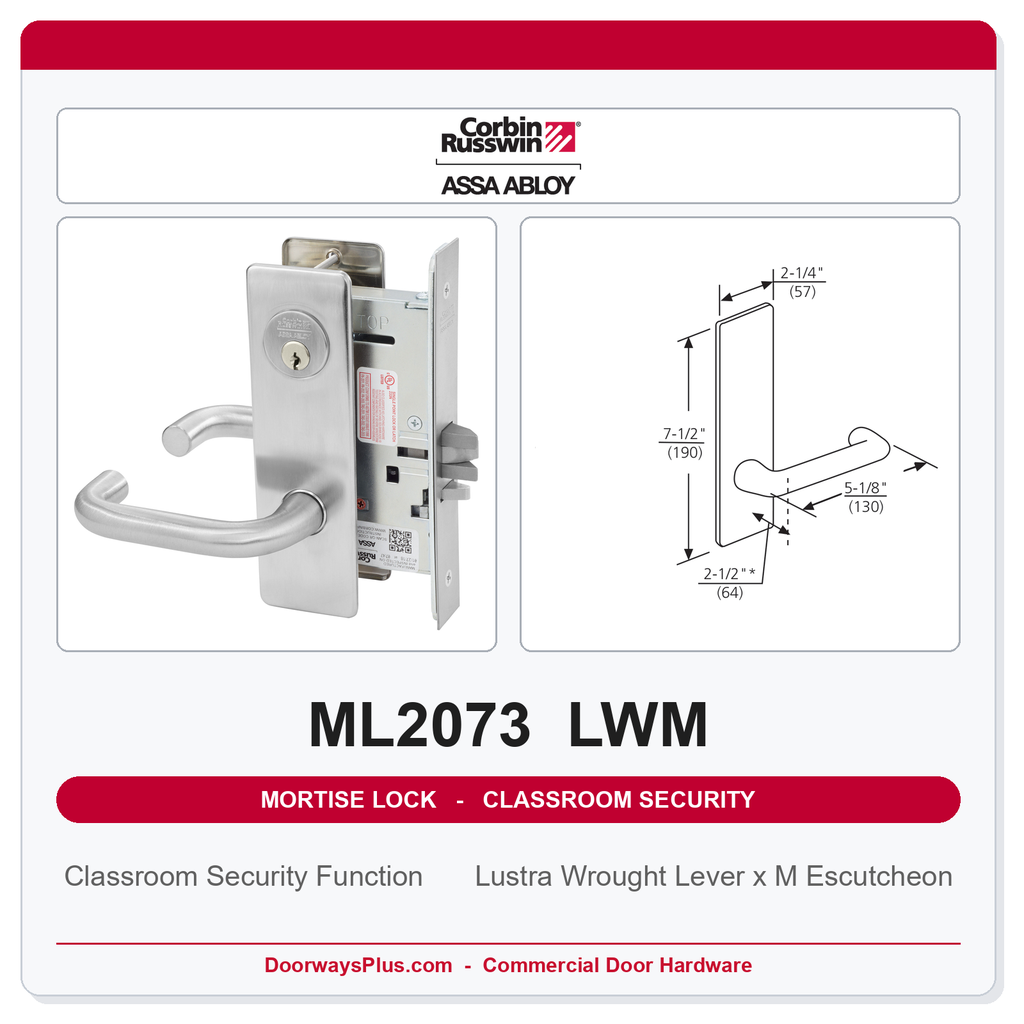 Corbin Russwin ML2073 LWM Classroom Security Mortise Lockset | Grade 1 Commercial