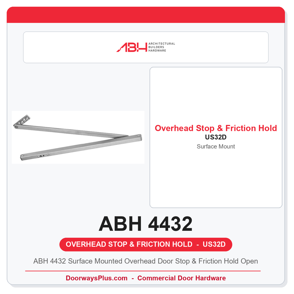 ABH 4432 Surface Mounted Overhead Door Stop & Friction Hold Open | US32D Satin Stainless