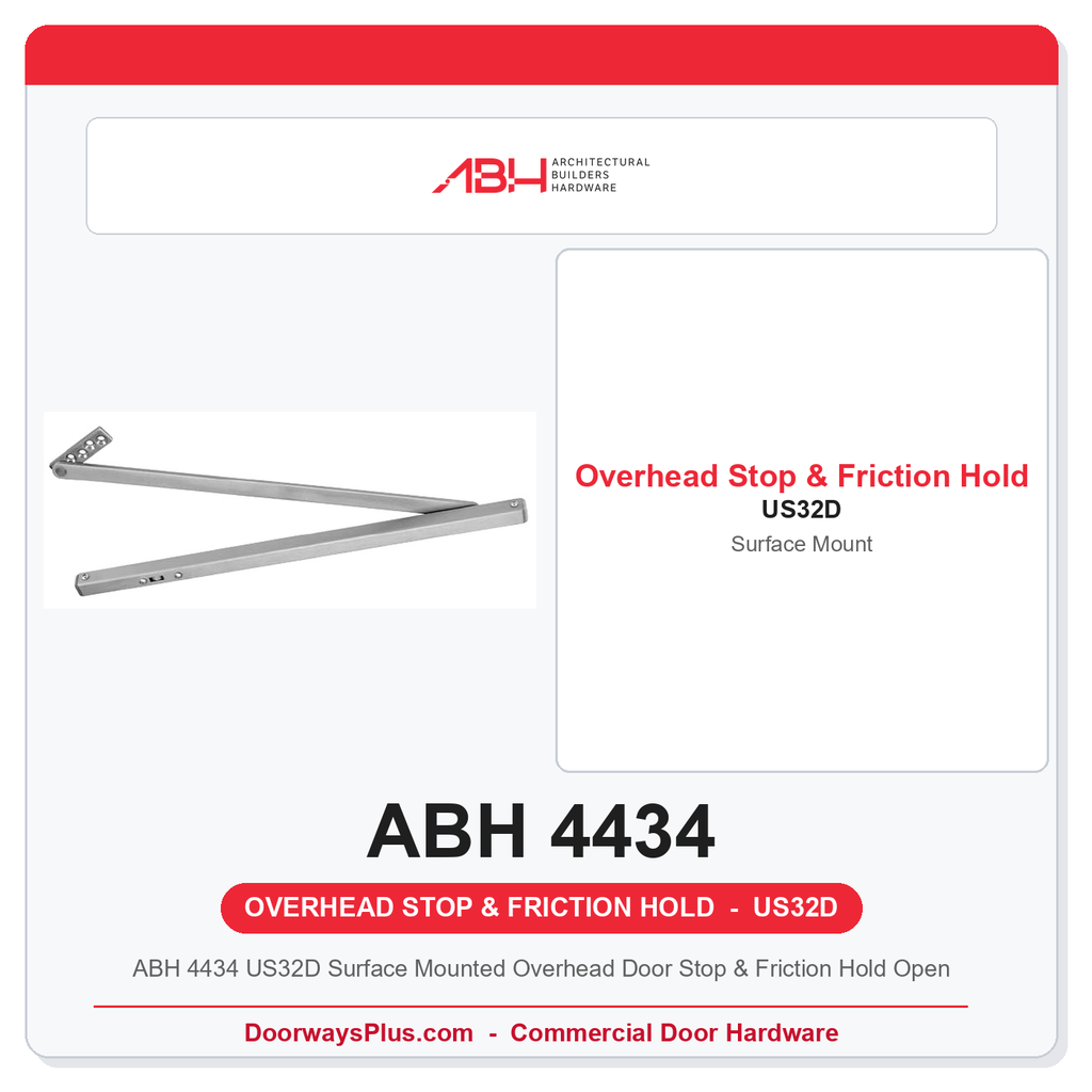 ABH 4434 US32D Surface Mounted Overhead Door Stop & Friction Hold Open | Satin Stainless Steel | 36"–48"