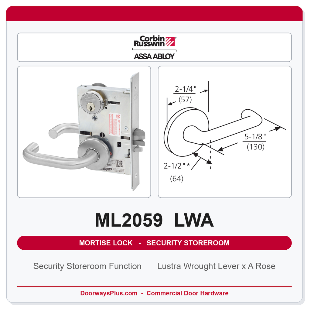 Corbin Russwin ML2059 LWA Security Storeroom or Closet Mortise Lockset | Grade 1 Commercial